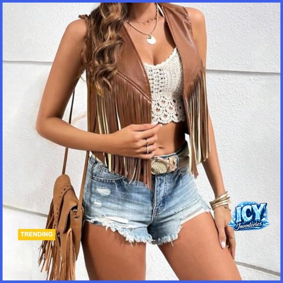 Women's PU Leather Fringe Vest Sleeveless Open Front Tassel Waistcoat - Picture 3 of 7